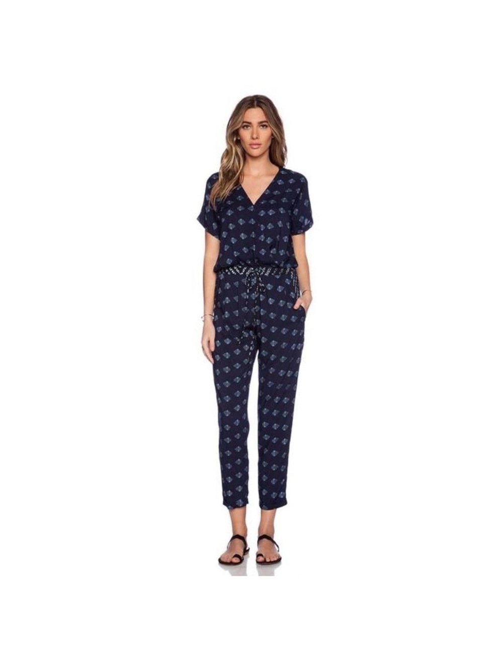 Velvet by Graham & Spencer Navy Printed Short-Sleeve Jumpsuit Size Small